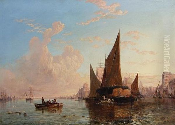 Fishing Vessels At Sunset Oil Painting by George Stainton