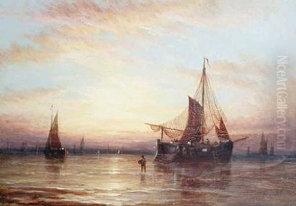 Fishing Vessels At Sunset Oil Painting by George Stainton