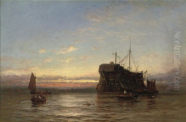 Prison Hulks Lying In A Harbor At Sunset Oil Painting by George Stainton