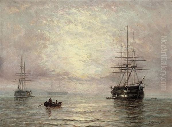 Warships Anchored In The Early Morning Haze Oil Painting by George Stainton