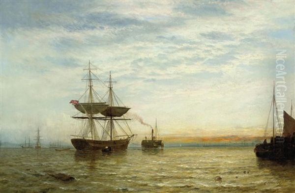 Towing Out The Brig At Dusk Oil Painting by George Stainton