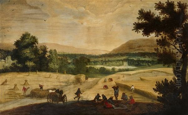 Corn Harvest With Farmhands At Rest Oil Painting by Adriaen Van Stalbemt