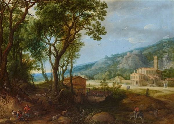 Wooded Landscape With A Church And Castle Oil Painting by Adriaen Van Stalbemt