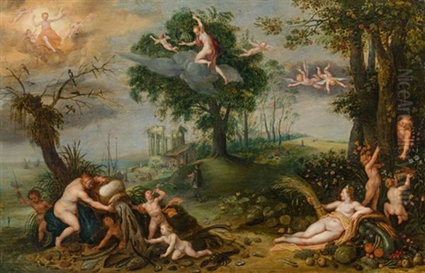 Allegory Of The Four Elements Oil Painting by Adriaen Van Stalbemt