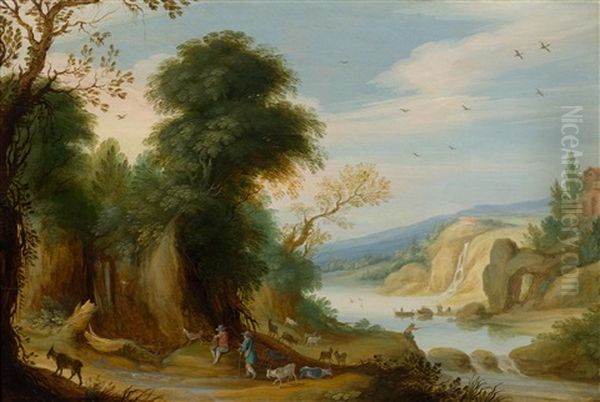 Landscape With River, With Herders, Goats And An Angler Oil Painting by Adriaen Van Stalbemt