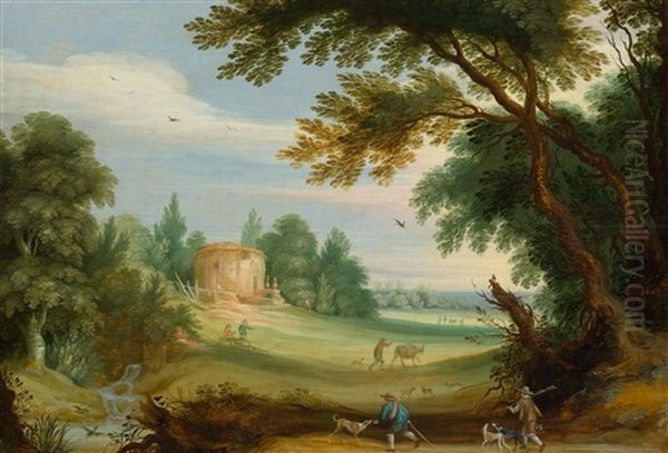 Idyllic Landscape With Hunters And Peasants And A Building In The Background Oil Painting by Adriaen Van Stalbemt