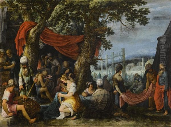 The Building Of The Tabernacle With The Israelites Sewing The Curtains Oil Painting by Adriaen Van Stalbemt