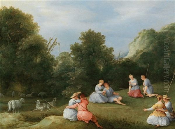 An Arcadian Landscape With Shepherds And Their Flock Oil Painting by Adriaen Van Stalbemt