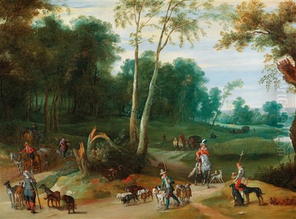 A Wooded Landscape With Huntsmen And Their Pack Of Hounds On A Path Oil Painting by Adriaen Van Stalbemt