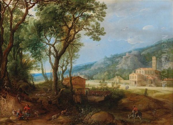 A Landscape With Shepherds And Their Flock And An Abbey In The Background Oil Painting by Adriaen Van Stalbemt