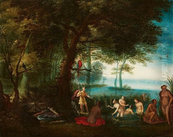 Wooded Landscape With Diana And Actaeon Oil Painting by Adriaen Van Stalbemt