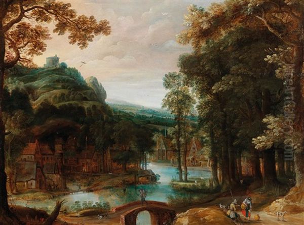 A Wooded River Landscape With A Village And Travellers Oil Painting by Adriaen Van Stalbemt