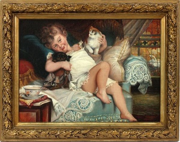 Young Child In Night Gown Holding A Black Puppy & Cat Oil Painting by Joseph Stallaert