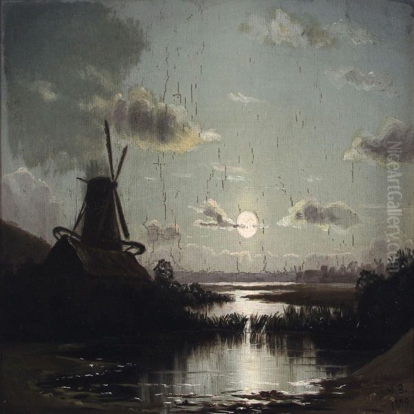 Moonlight Scenery By A Mill Oil Painting by Johannes Herman Brandt