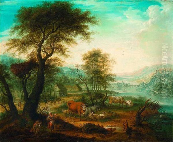 Weidende Kuhe Mit Hirten, Im Hintergrund Eine Stadt Mit Schloss (an Der Elbe?) Oil Painting by Johann Gottlieb Samuel Stamm