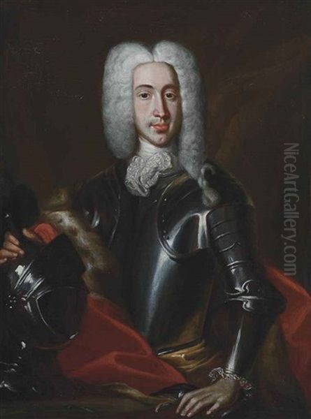 Potrait Of Count Johann Anton Gotthard Schaffgotsch (1665-1742), Half-length, In Armour, His Right Hand Resting On A Helmet Oil Painting by Franz van Stampart