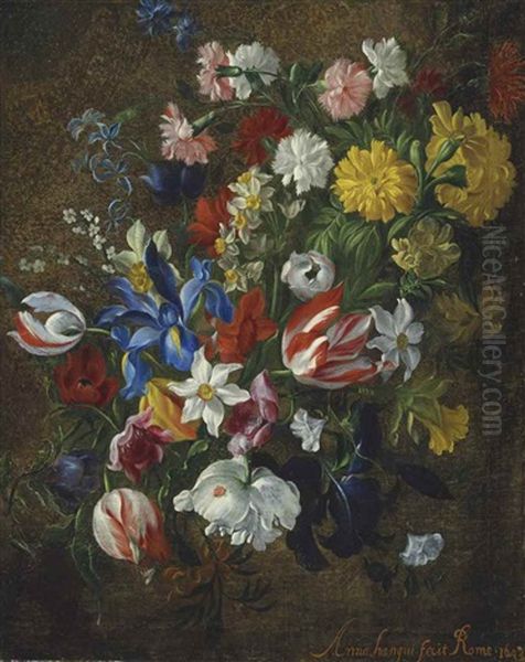 Tulips, Irises, Daffodils, Carnations, Hyacinths And Other Flowers Oil Painting by Angelo Stanchi