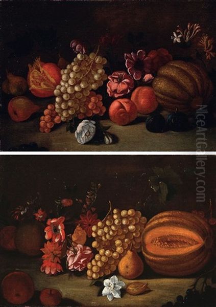 Natura Morta Con Fiori, Uva E Melone (+ Natura Morta Con Melograno, Uva E Melone; 2 Works) Oil Painting by Angelo Stanchi