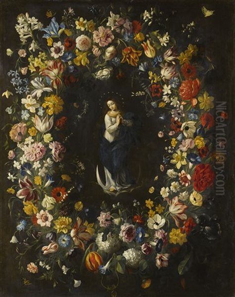 A Garland Of Flowers With The Immaculate Conception Oil Painting by Giovanni Stanchi