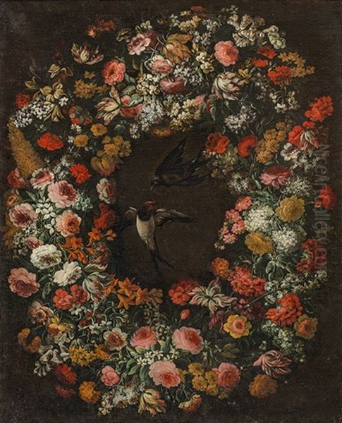 Garland Of Flowers With Two Birds Oil Painting by Giovanni Stanchi