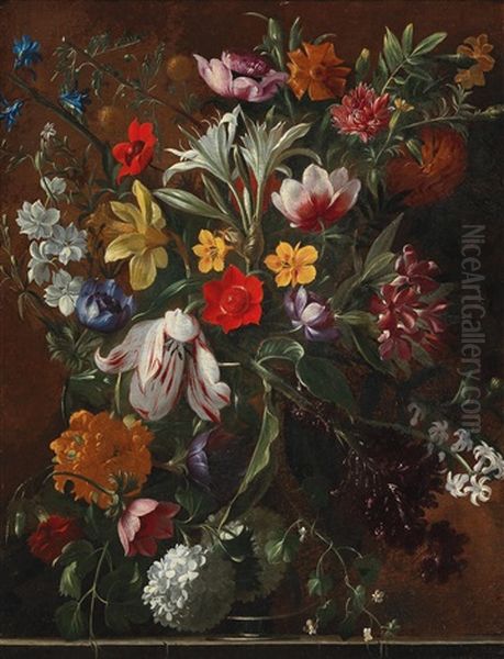 Mixed Flowers In A Vase On A Ledge Oil Painting by Giovanni Stanchi