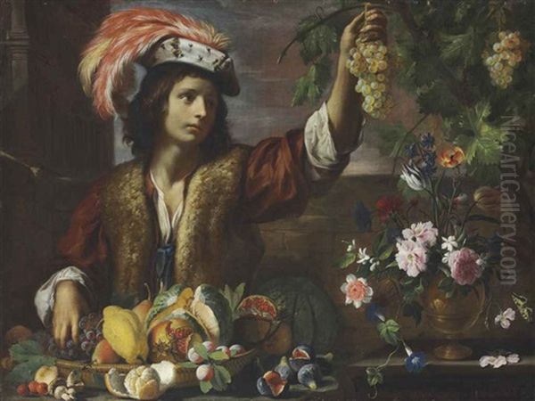 A Boy Holding A Bunch Of Grapes, With A Melon, Squash, Figs And Other Fruit And A Vase Of Tulips, Morning Glory And Other Flowers In A Walled Garden (with Workshop) Oil Painting by Giovanni Stanchi