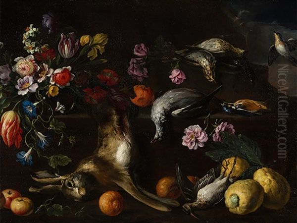 Hunting Still Life With Flowers Oil Painting by Giovanni Stanchi