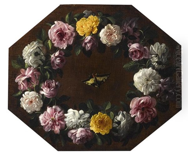 A Garland Of Pink, Yellow And White Roses Surrounding A Greenfinch; A Garland Of Pink, Yellow And White Roses Surrounding A Greenfinch; A Garland Of Pink, Yellow And White Roses Surrounding A Goldfinch; And A Garland Of Pink, Yellow And White Roses Surrou Oil Painting by Giovanni Stanchi