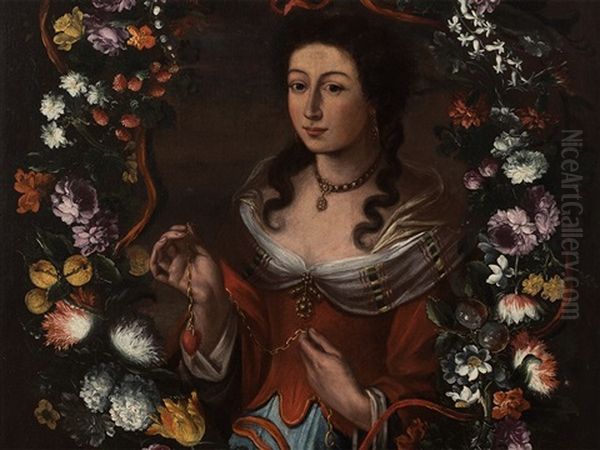 Lady In Blossom Wreath Oil Painting by Giovanni Stanchi