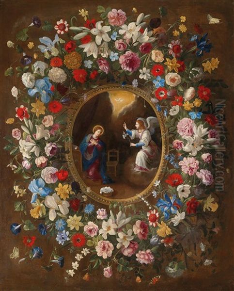 A Garland Of Flowers Surrounding A Medallion Depicting The Annunciation Oil Painting by Giovanni Stanchi