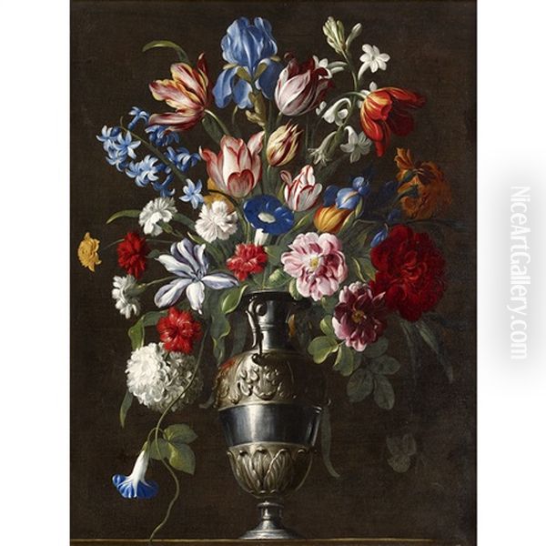 Tulips, A Peony, A Carnation, And Other Flowers In A Gilt Bronze Mounted Urn Oil Painting by Giovanni Stanchi