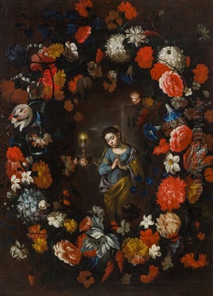 Blumenkartusche Mit Der Hl. Barbara Oil Painting by Giovanni Stanchi