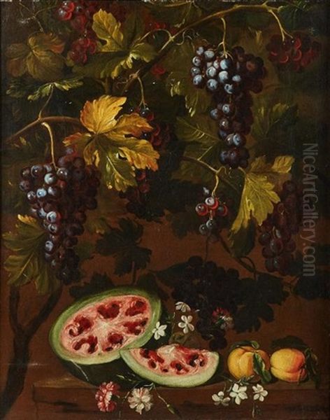 Natura Morta Con Anguria Aperta, Due Pesche, Garofani, Gelsomini, Su Un Piatto E Tralcio Di Uva Nera Sullo Sfondo Oil Painting by Niccolo Stanchi