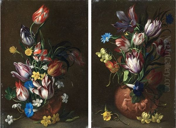 Natura Morta Con Fiori In Vaso Istoriato (+ Another; 2 Works) Oil Painting by Niccolo Stanchi