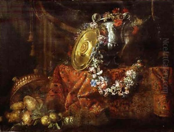 Nature Morte Aux Pieces D'orfevrerie Disposees Sur Un Tapis, Guirlande De Fleurs Et Cedrats Oil Painting by Niccolo Stanchi