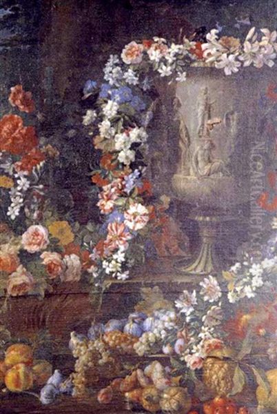 Guirlande De Fleurs Entourant Un Vase Decore D'une Diane Chasseresse Avec Des Fruits Au Printemps Plan Oil Painting by Niccolo Stanchi