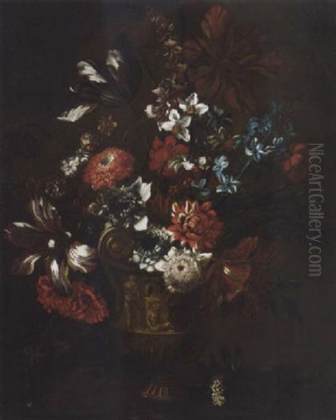 Parrot Tulips, Chrysanthemums, Morning Glory, Narcissi And Other Flowers In An Urn On A Ledge Oil Painting by Niccolo Stanchi