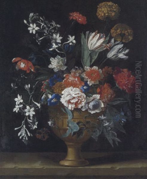 Stilleben Mit Nelken, Rosen, Narzissen, Begonien Und Anderen Bluten In Einer Tonvase by Niccolo Stanchi