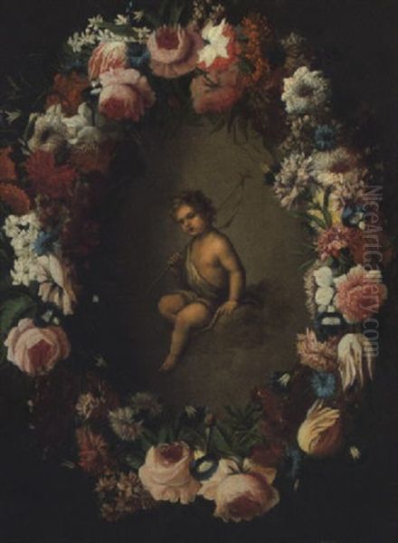 The Infant Saint John The Baptist In A Feigned Cartouche Of Roses, Carnations, Tulips And Other Flowers Oil Painting by Niccolo Stanchi