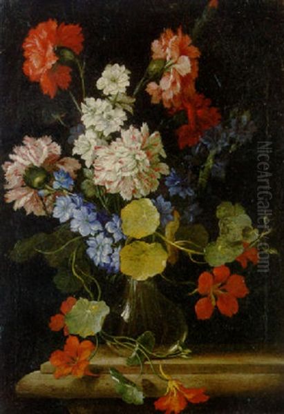 Carnations, Nasturtiums And Other Flowers In A Vase On A Stone Ledge Oil Painting by Niccolo Stanchi