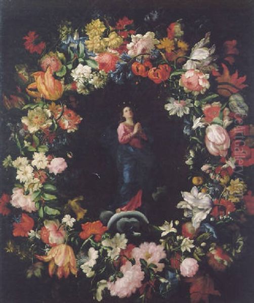 A Garland Of Flowers Surrounding The Madonna Of The Immaculate Conception Oil Painting by Niccolo Stanchi