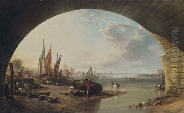 Looking Towards Old Vauxhall Bridge, From Under An Arch Of Westminster Bridge, London Oil Painting by George Clarkson Stanfield