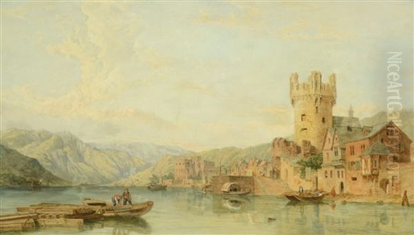 View Of Rhine From Rudesheimwith Adlerturm Tower Oil Painting by George Clarkson Stanfield