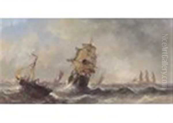 Harbour Scene At Sunset; Sailing Ships In A Rough Sea (a Pair) Oil Painting by William Clarkson Stanfield