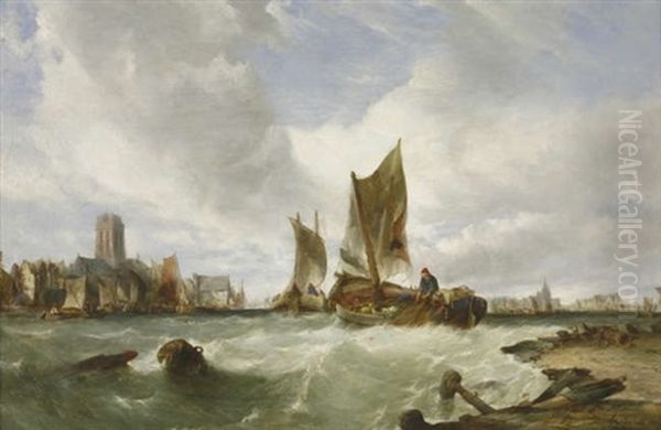 Fishing Boats In An Estuary Off A Town Oil Painting by William Clarkson Stanfield