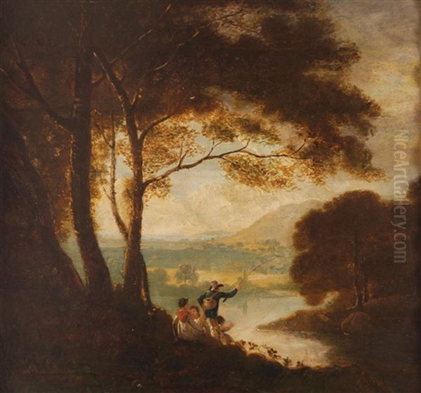 A Wooded Lake Scene With Angler And His Family In The Foreground Oil Painting by William Clarkson Stanfield