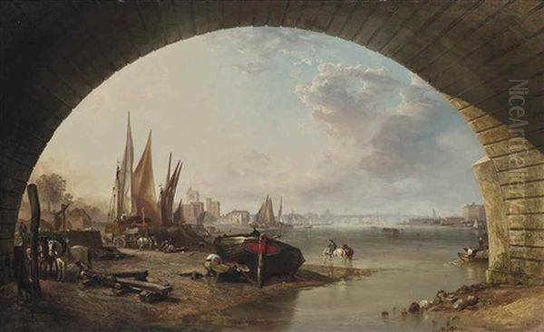 Looking Towards Old Vauxhall Bridge, From Under An Arch Of Westminster Bridge, London Oil Painting by William Clarkson Stanfield