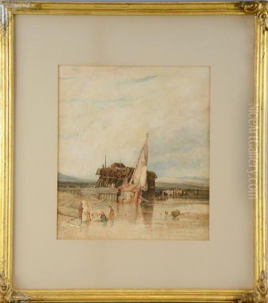 Fort Rouge, Calais, With Figures In The Foreground And A Moored Sailing Boat Oil Painting by William Clarkson Stanfield