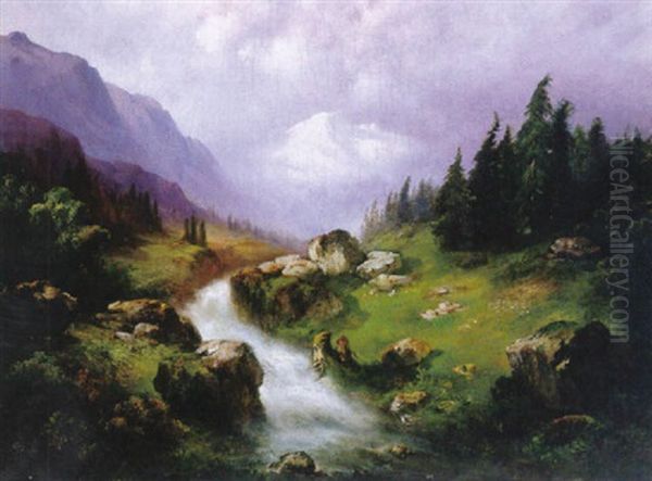 Wildbach In Den Alpen Mit Aufragendem, Schneebedecktem Massiv Oil Painting by Bernhard Stange