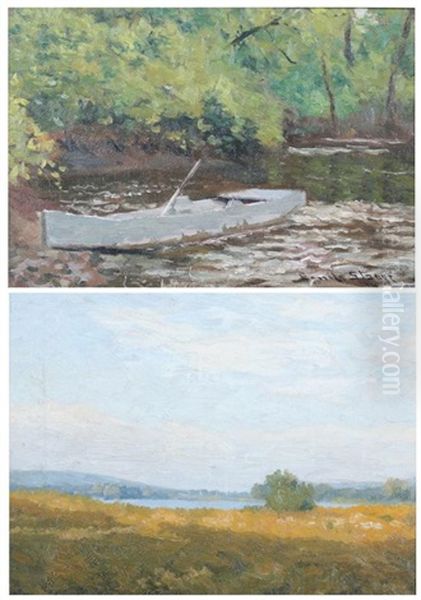 Landscape With Blue Sky (+ Rowboat In Stream; 2 Works) Oil Painting by Emile Stange